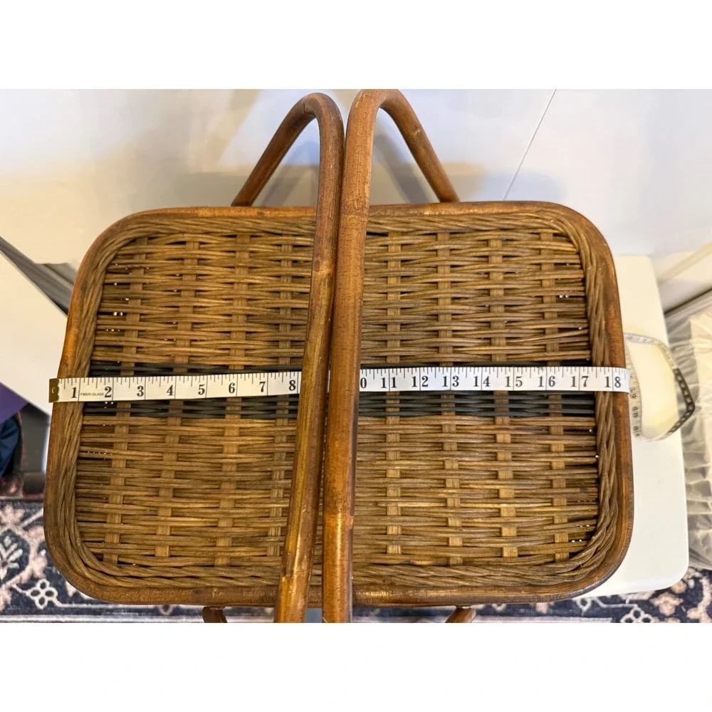 Vintage Woven Wicker Picnic Basket Two Tone Brown Hinged Lid Wood Base Handles